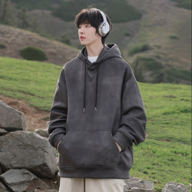 ANYOU 봄가을 남성 루즈핏 스웨이드 후드티 베이직 캐주얼 긴팔 맨투맨