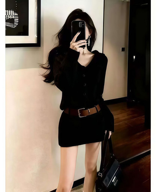 秋冬季 灰色慵懶針織連衣裙 氣質收腰毛衣短裙 女, 黑色優質版,S