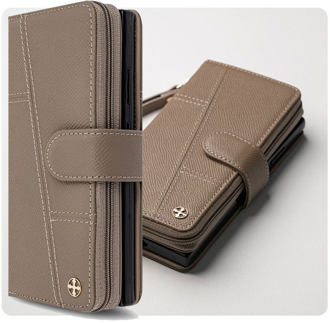 갤럭시버디4/A16 A166 - 에르모 천연소가죽 지퍼 카드6장 지폐 수납 다이어리 케이스