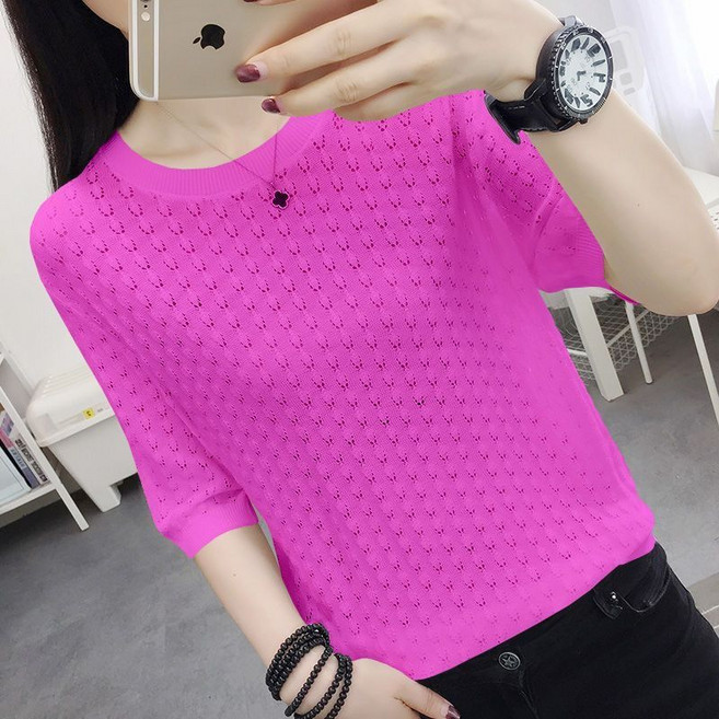 중년 여성 반팔 티셔츠 봄 여름 캐주얼 펀칭 니트 반팔티 5부소매 패션 얇은 시스루룩 상의 LJX