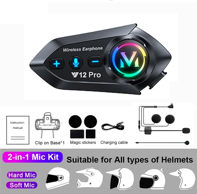 2명의 라이더 오토바이 헬멧 인터콤 헤드셋 500M Intercomunicador 무선 BT5.4 핸즈프리 통화 및 음악 공유, 02 2 Microphones IN 1