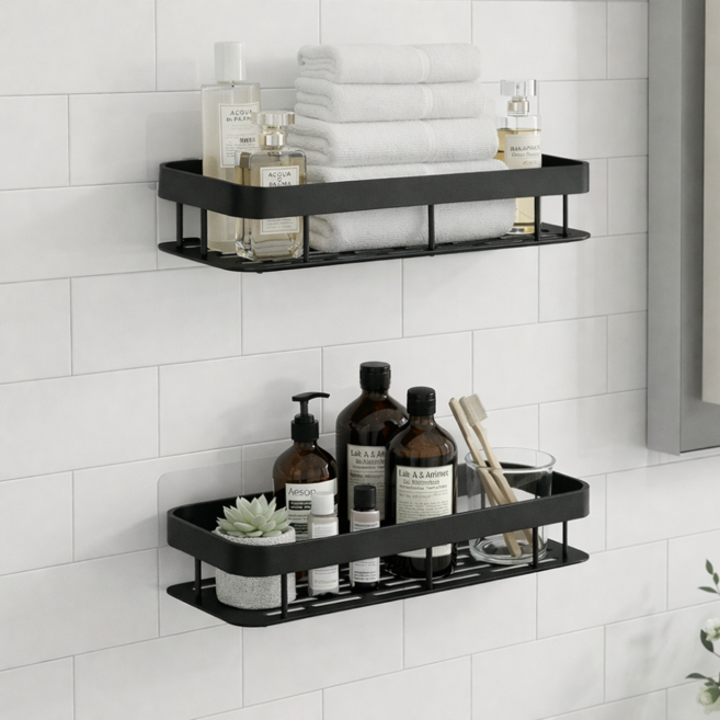 엘랑 일자형 무타공 욕실 선반 2P, 블랙, 2개