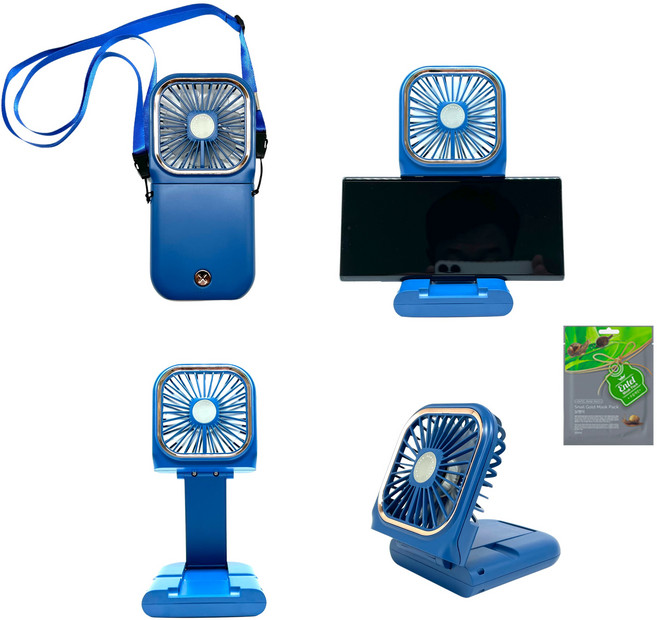 탁상용 휴대용 목걸이 휴대폰거치 보조배터리 대용량 선풍기 3000mAh(사은품 증정), F30, 블루