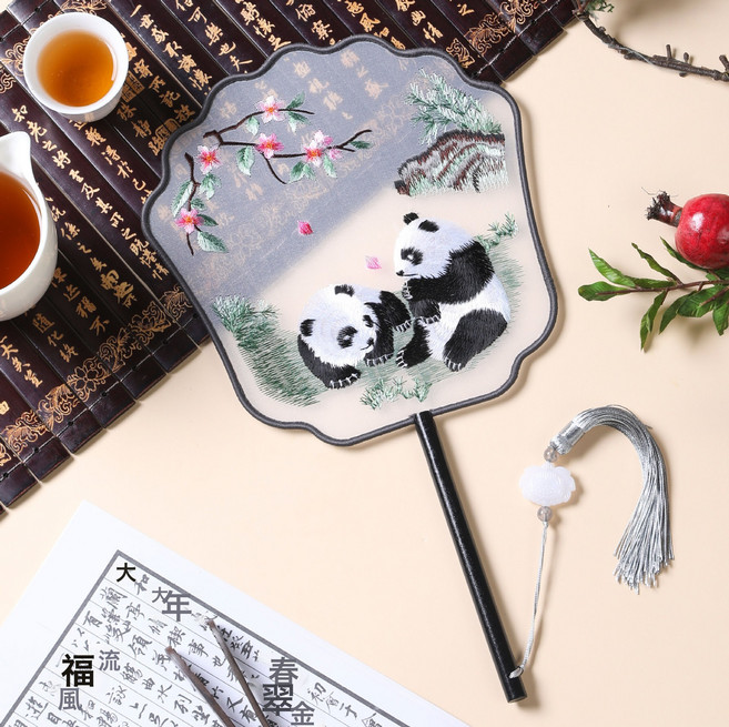 DIU 夏季新古風扇子蘇州雙面刺繡團扇舞蹈用國風漢服旗袍圓扇中國風, 1個, 刺繡扇-鳳冠桃花熊貓:如圖