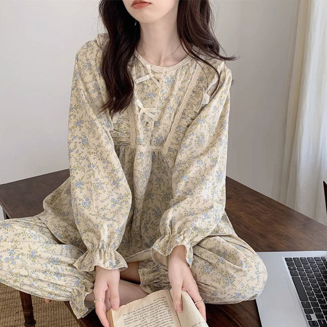 잠옷 홈웨어 플라워 잔꽃 투피스 홈웨어 긴팔 잠옷 ujd+173Yq