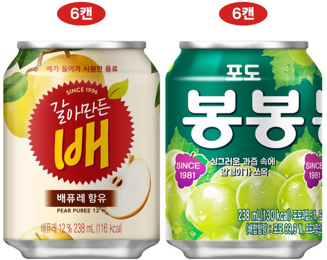 해태 인기캔음료 2종세트(갈아만든배+포도봉봉), 1세트, 238ml