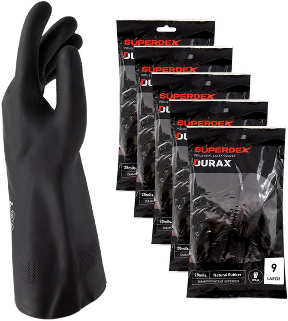 슈퍼덱스 듀락스 천연라텍스 두꺼운 공업용 내화학 장갑 신나용 내산 내유장갑 산업용 정비용 연구실용 안전장갑 해루질, 5세트, 블랙