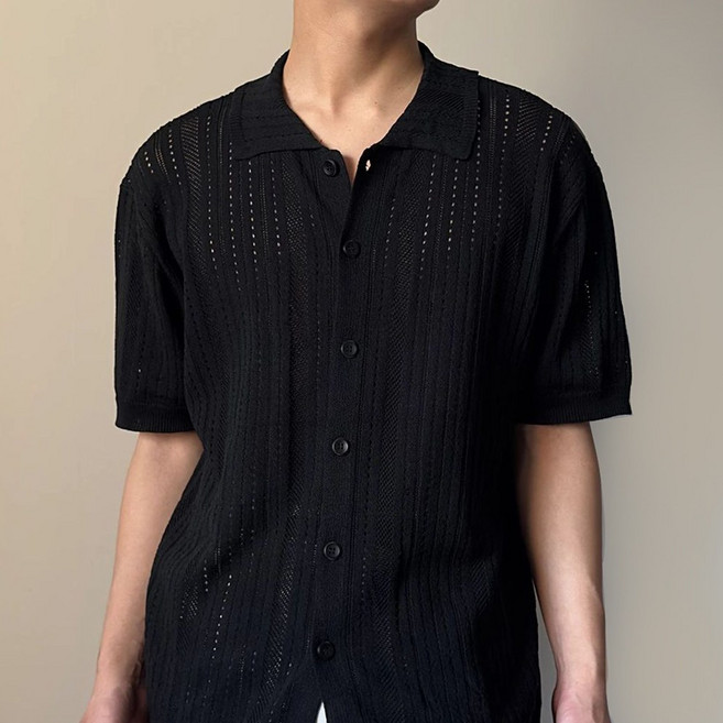 라라티와이 제이븐 남성 여름 카라 펀칭 레이스 터틀넥 니트 반팔 가디건