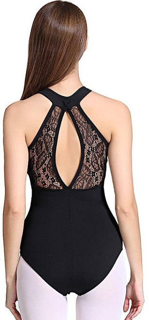 Limiles 여성용 홀터넥 바디수트 키홀 백 체조 발레 댄스 레오타드 상의 댄스웨어 의상 라벤더 레이스 라지, Medium