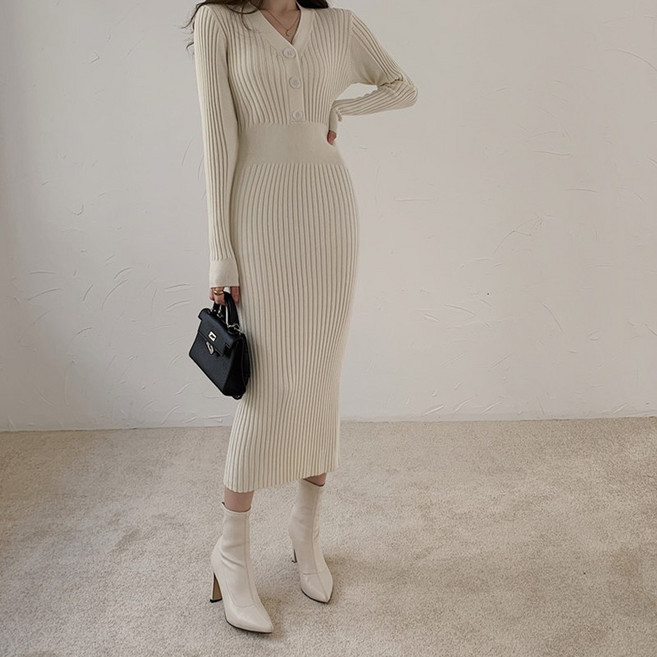 크레스티 여성 브이넥 버튼 니트원피스 슬림 골지 롱 원피스