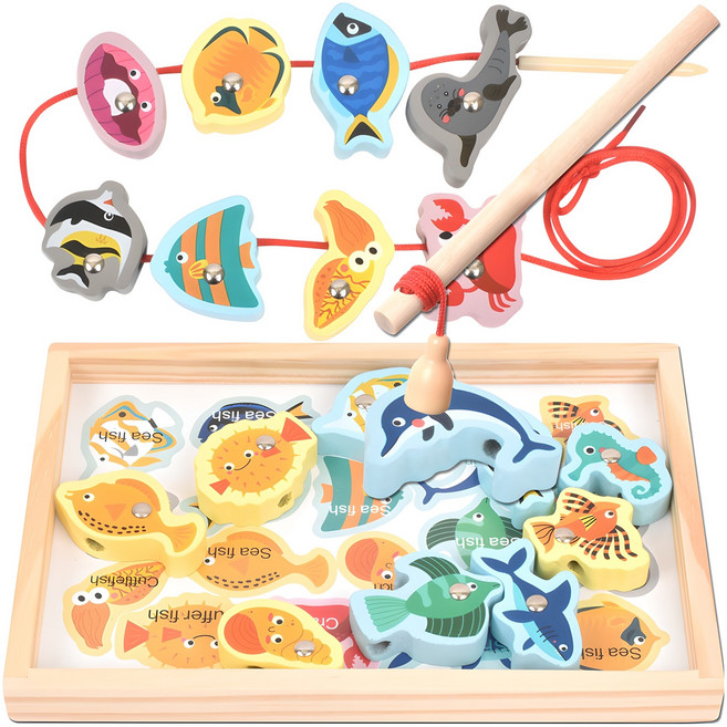 목제 블럭 실꿰기 자석 낚시놀이 교구, 바다생물, 1개