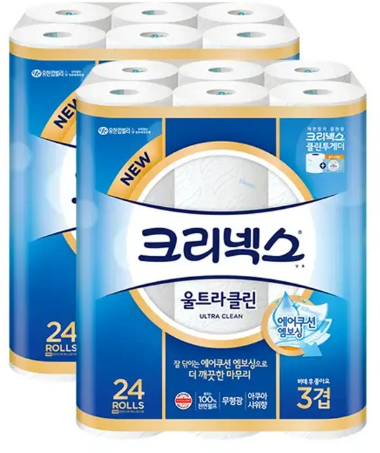 크리넥스 천연펄프 3겹 울트라클린, 25m, 24롤, 2개