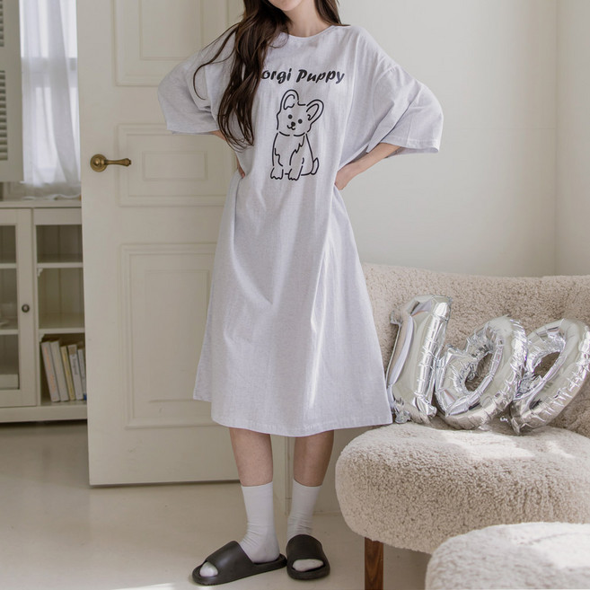 [44~88/빅사이즈/홈웨어/잠옷] 코기퍼피 반팔 원피스 잠옷