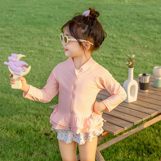 아기 여아 수영복 유아 체리 핑크 집업 래쉬가드 투피스 아동 수영복