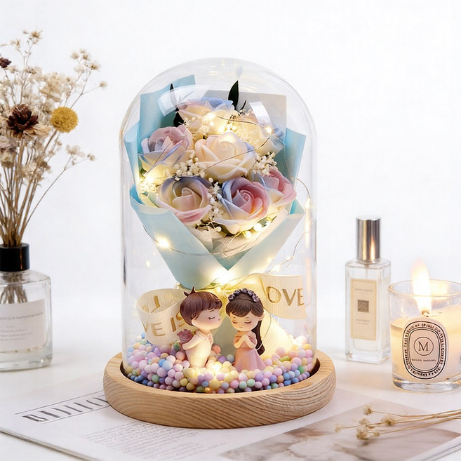 프리저브드 플라워 유리돔 무드등 꽃다발 커플 인형 여자친구 여성 아내 생일 선물, 1개, 그라데이션 보라장미 무드등
