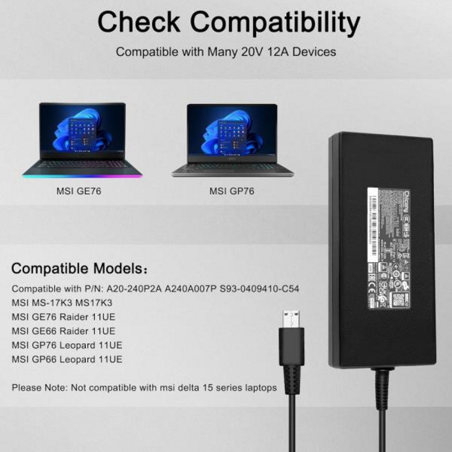 USB 팁 노트북 전원 어댑터 충전기 MSI GE76 GS77 MS-17K3 A20-240P2A A240A007P S93-0409410-C54 240W 20V, 03 AU_01 CHINA, 01 CHINA