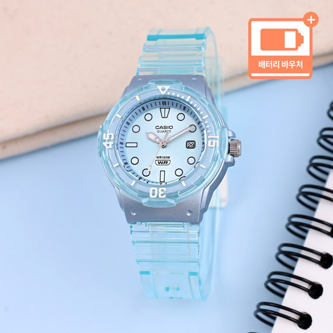 카시오 아쿠아 클리어 투명 아날로그 쿼츠 여학생 여자 우레탄 아날로그 손목시계 + 배터리 바우처