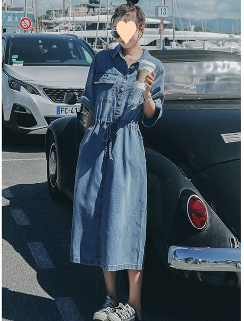 르샌느앤 여성 빅사이즈 데님 롱 원피스 반팔 카라 허리끈 조절 A라인 원피스