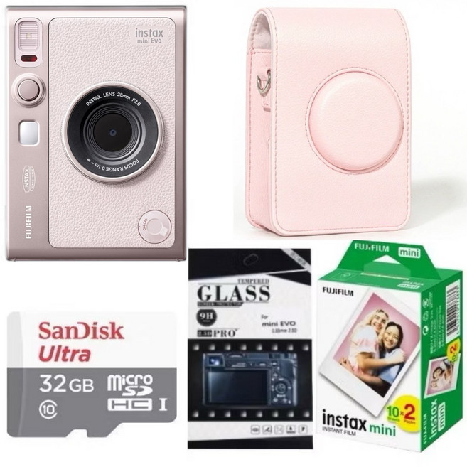 FUJIFILM instax mini Evo 拍立得相機, 1個, EVO玫瑰粉+32g記憶卡+保貼+粉副廠包+底片2捲(20張)
