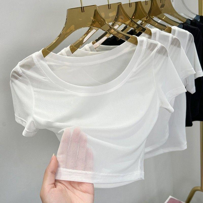短袖圓領網紗透視短款上衣 夏季露肚臍打底衫
