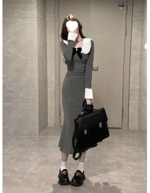 【顯瘦包臀】連衣裙 魚尾裙 長裙 包臀裙 修身連衣裙 娃娃領 韓系溫柔風 長袖打底裙 配蝴蝶結 約會通勤穿搭