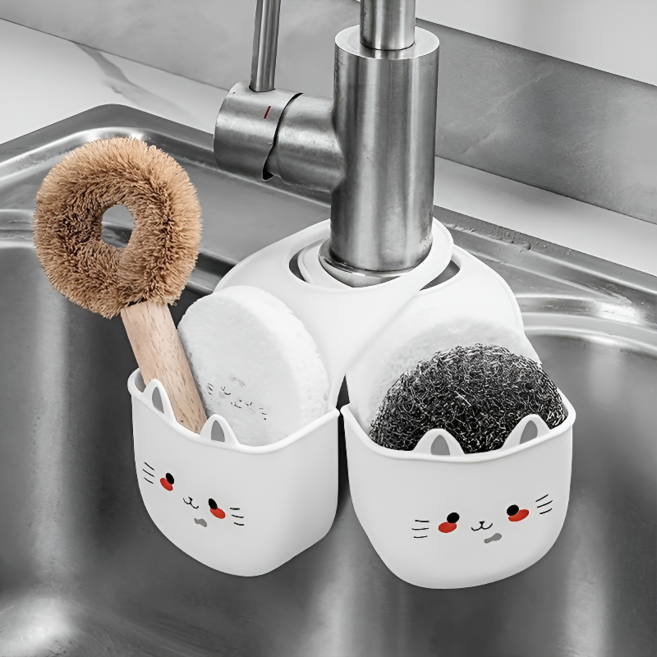 귀여운 고양이 싱크대 수세미 물빠짐 걸이 수납함 2P 세트, 1세트, 화이트