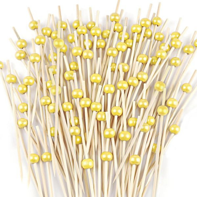 300개 칵테일 픽 4.7인치 긴 이쑤시개 애피타이저용 고급스러운 대나무 꼬치 샤퀴테리 파티 음료 디저트 과일 장식용 음식 보드 액세서리 골드, 금색, 1개