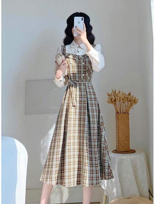 Choyur여성 봄 체크무늬 큰네크라인 원피스 심플하게 허리 조임 루즈핏zyq