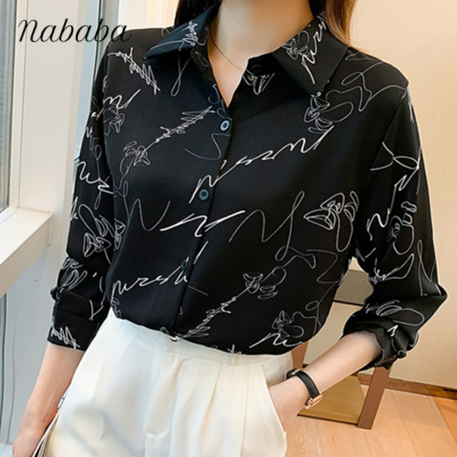나바바 NB966 여성 빈티지 스크립트 프린팅 데일리 셔츠