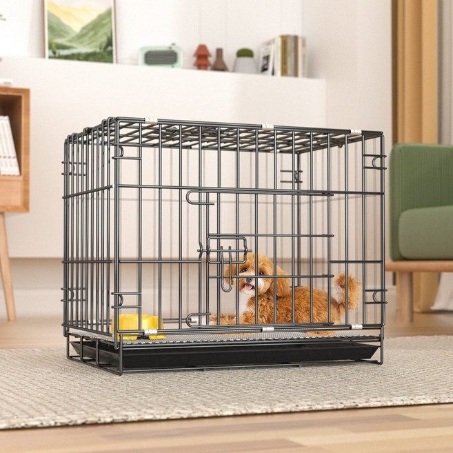狗籠子泰迪小型犬籠金屬家用室內外摺疊狗窩車載籠寵物貓籠救助籠, 1個, 60加粗款【60*42*50】:亮黑【籠+底盤+墊網】