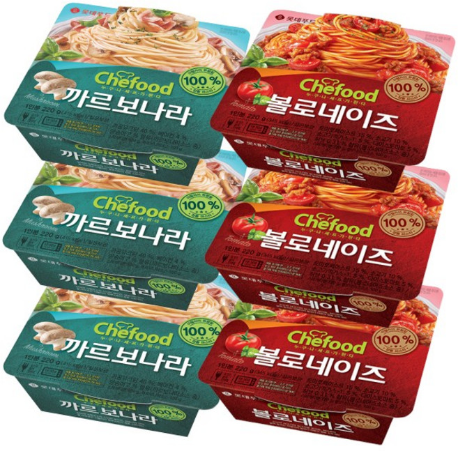 롯데 쉐푸드 까르보나라 3개+볼로네이즈 3개 기획 파스타 크림 토마토 바질향 즉석요리, 6개, 220g