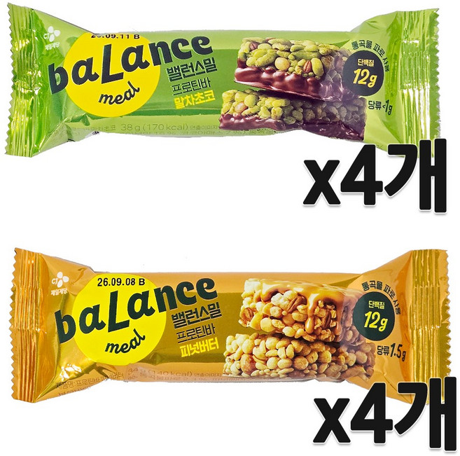 CJ 밸런스밀 프로틴바 (말차초코38G+피넛버터34G), 4세트, 34g