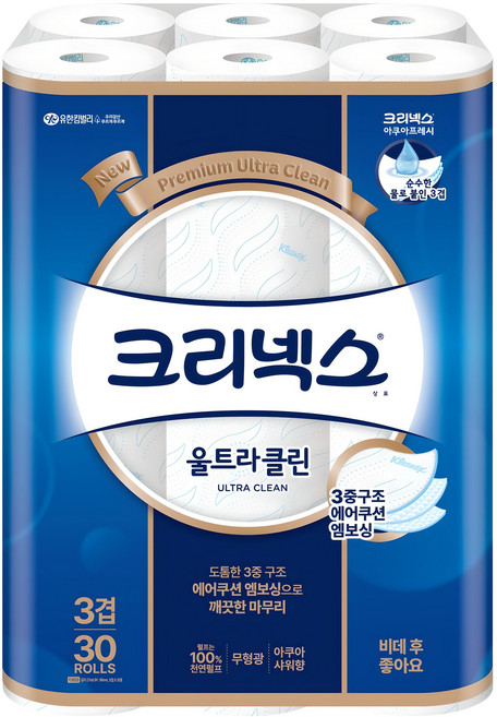 크리넥스 울트라클린 천연펄프 3겹 고급롤화장지, 27m, 30개입, 1개