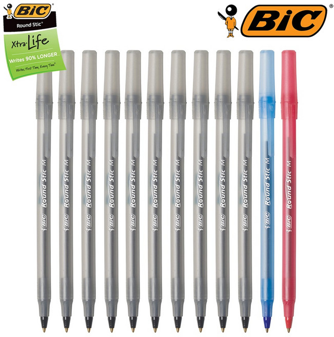 BIC 볼펜 라운드스틱 1.0mm 빅펜 혼합 컬러 12개입, 검정10 + 빨강1 + 파랑1