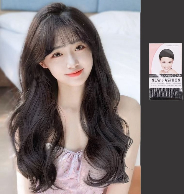 BIKASU 여성 패션 롱 가발 성용 전체 컬 헤어 웨이브 통가발 + 가발망 포함 55CM, 1개, 내추럴블랙-A 타입