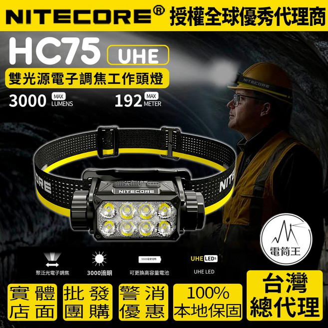 NITECORE HC75 UHE 雙光源電子調焦頭燈 3000流明 192米遠射 台灣總代理, 黑色, 1個
