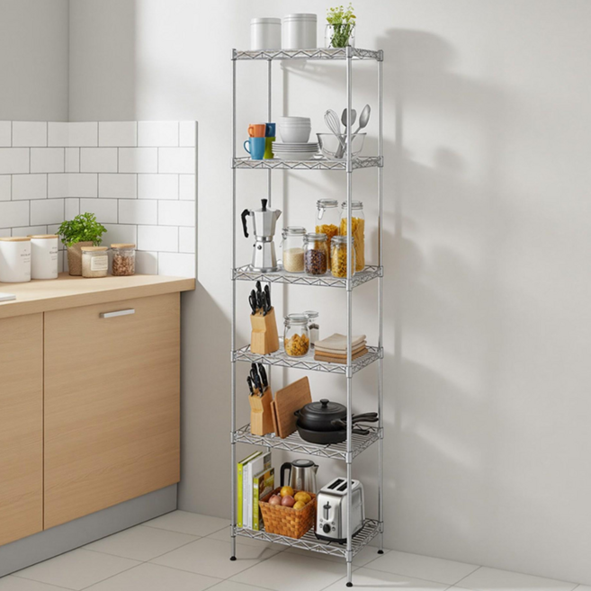 SONGMICS 튼튼한 다용도 조립식 메탈 철제 스탠드 수납 선반, 6단, 실버