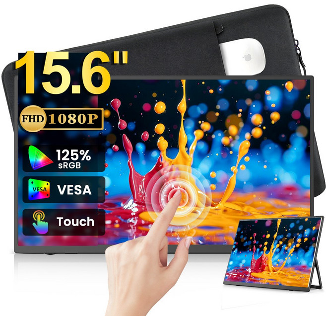 에비크 15.6인치 FHD DEX 휴대용 초경량 포터블 모니터 IPS HDR, 39.62cm, 블랙-터치+파우치