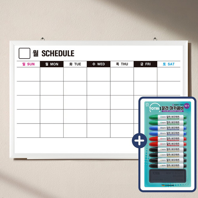 자석 스케줄 보드 한글형 + 칼라 마카콤비 세트, 화이트우드
