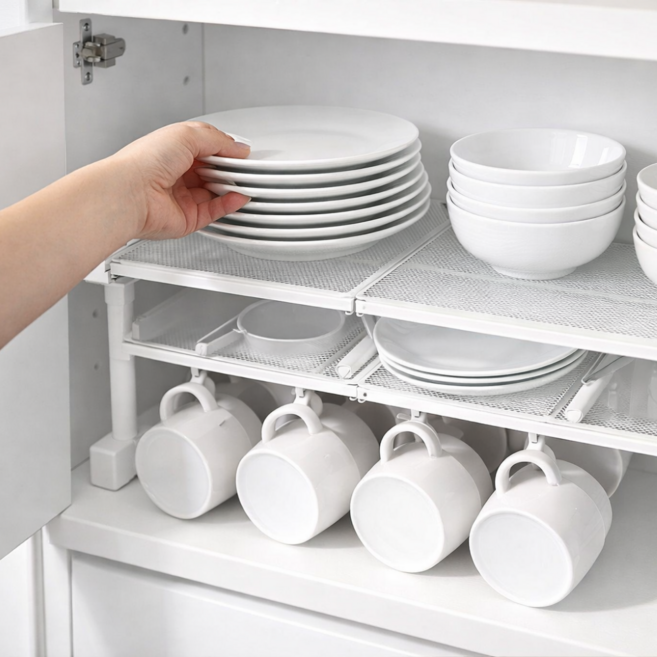 STAYNE 길이+높이조절 주방 그릇 선반 접시 정리대 상부장 무타공 랙, 화이트, 1개