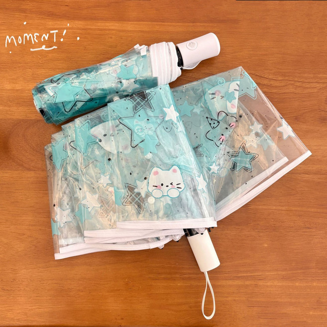 귀여운 별 고양이 자동우산 투명 우산 예쁜우산 초등학생우산 접이식 3단우산(귀여운 캐릭터 + 민트 블루 디자인 예쁘면서 실용적)