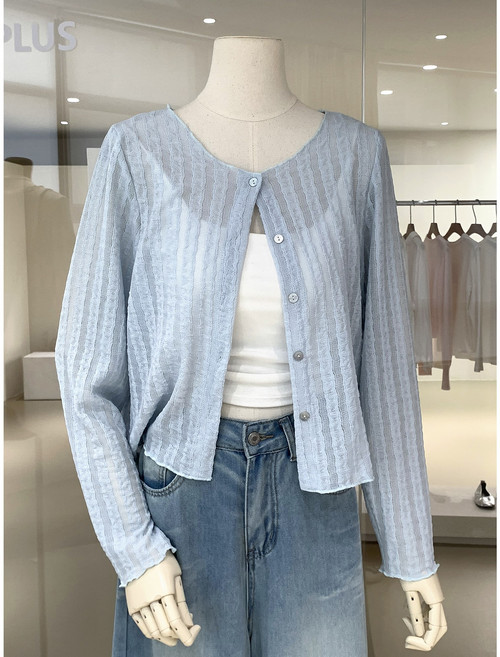 SONOVA 쏘노바 여성 시스루 텍스처 하늘색 니트 가디건 라운드넥 여리핏 크롭 긴팔 비치웨어 살안타템