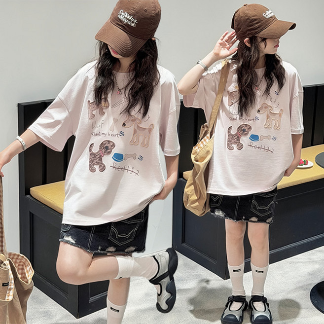 비비키드 여아 여름 상의 초중생 하의 주니어 강아지 캐릭터 프린팅 반팔티 앞주머니 포인트 데님 치마 초등생 상의+하의 세트 (99713)