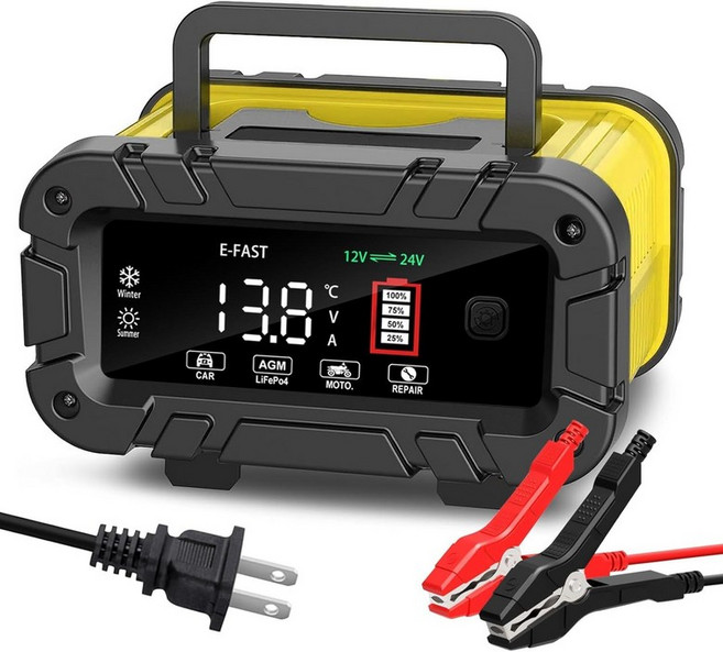 E-FAST 20A 스마트 자동차 배터리 충전기 12V 24V 유지보수 및 탈황기 - LiFePO4 리튬 AGM 젤 SLA 딥 사이클과 호환 트럭 RV 보트 마린용 고출력 트리클