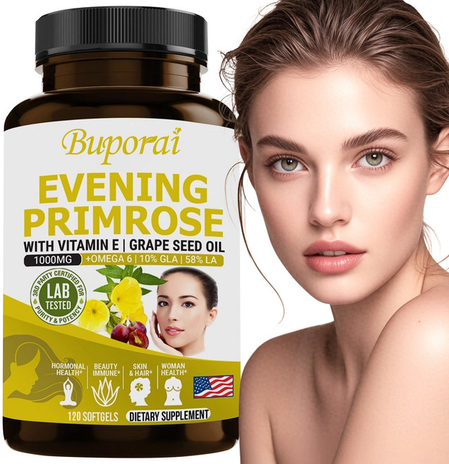 달맞이꽃 오일 1000mg 보충제 - 포도씨 오일 비타민 E 오메가 6 항산화제 함유, 2개, 120정