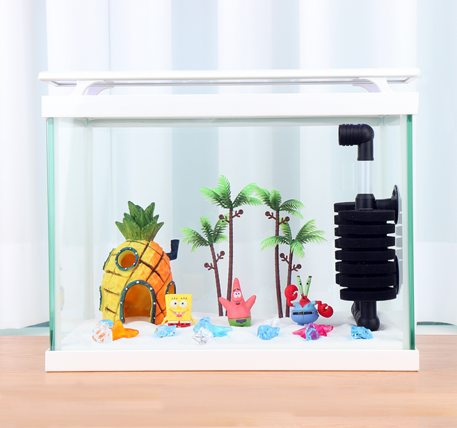 스펀지밥 어항 구피 미니 작은 일체형 어항세트 물고기키우기 열대어 베타 가정용 거북이 미니 수족관, 스펀지여과기 풀세트, 장식품 풀패키지[파인애플세트], 1개