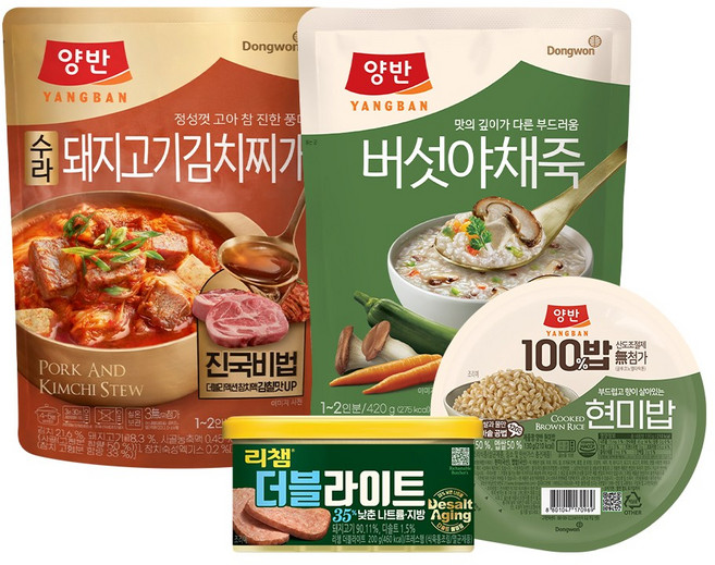 [동원한끼세트] 양반 수라 돼지고기 김치찌개 460g x 1P + 버섯야채죽 파우치 420g x 1P + 리챔 더블라이트 200g x 1P + 양반100밥 현미밥 130g x 1P