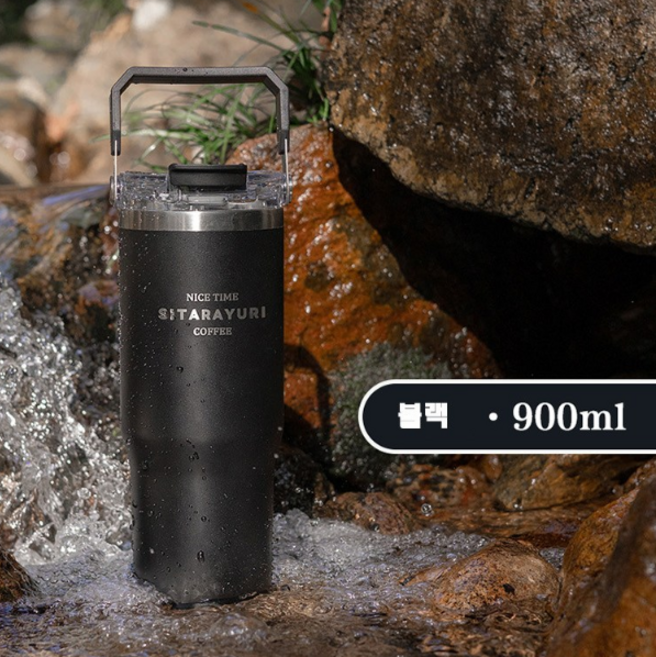 FOCUS 900ml 스윙핸들 텀블러 듀얼음수 이중진공 빨대 보온 보냉 스텐 콜드컵, SITARAYURI900ml핸들텀블러-블랙, 1개