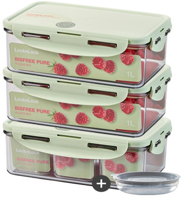 락앤락 비스프리 퓨어 직사각 밀폐용기 칸막이 반찬통 3P+1P세트, 1L 2P+칸칸이 1P+가쯔1P, 1세트