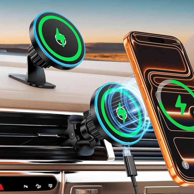 Magsafe 자동차 마운트 충전기 [100% 안정성] 15W 2 in1 마그네틱 무선 차량용 벤트/대시보드 휴대폰 홀더 여성용 남성용 충전기 아이폰 17 16 15 14 1, Magsafe 자동차 마운트 충전기, [100% 안정성